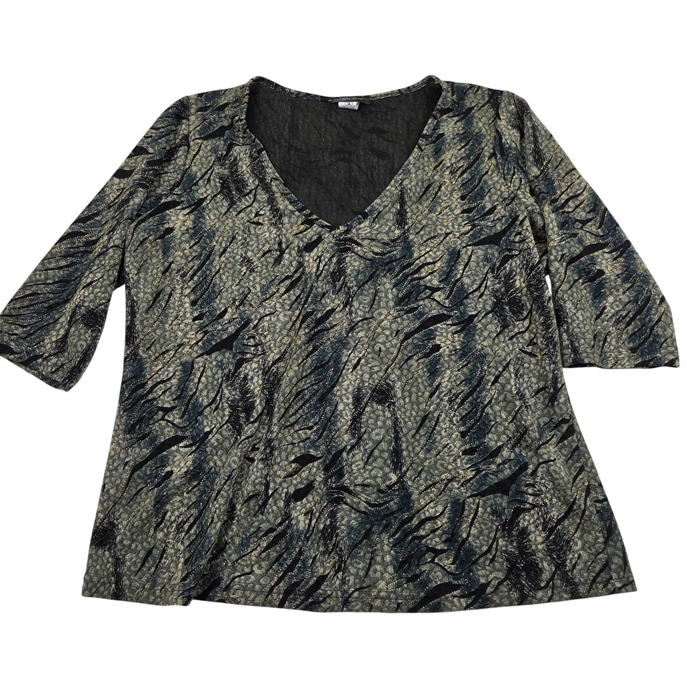 Goddess Top Green Gold Black Animal Print Metallic V-Neck 2X Made in USA